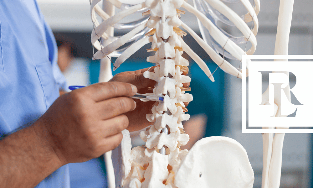 Doctor pointing to the spine of a skeleton