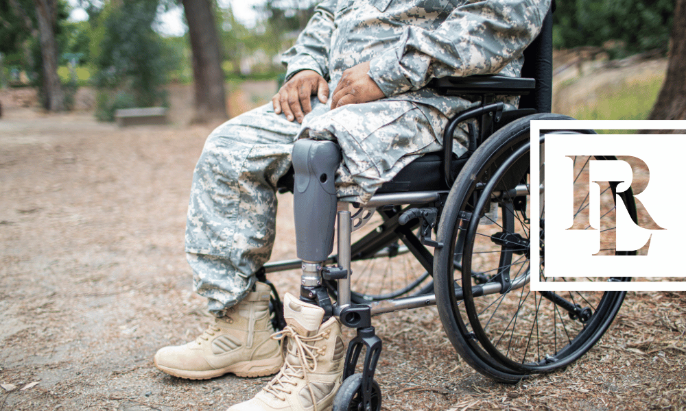 Closeup of the legs of a soldier in a wheelchair with a metal leg