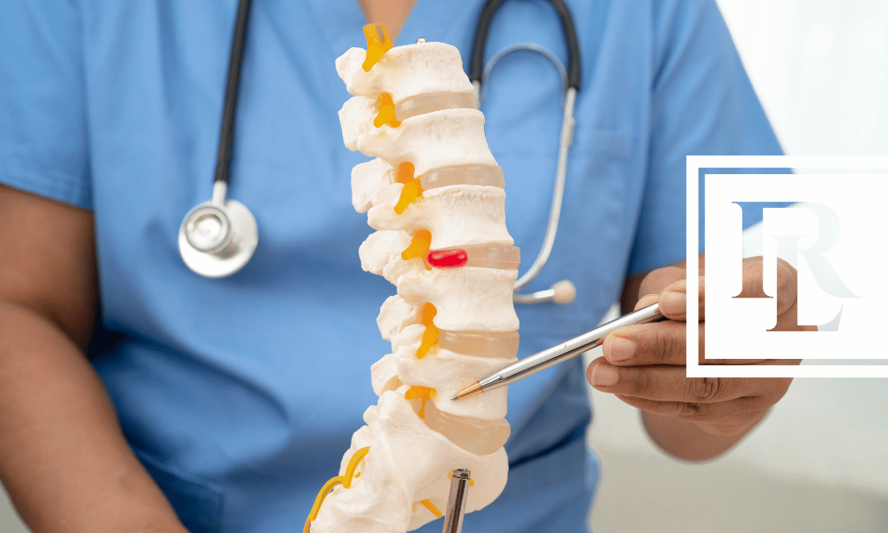 Doctor pointing to a fake spine structure