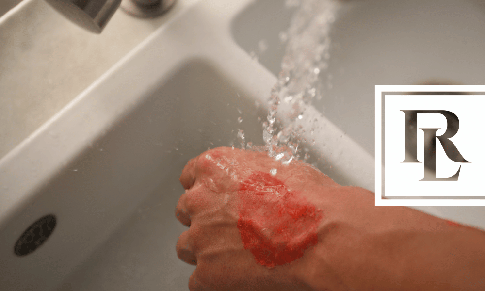 Burned hand being held under running water from a sink