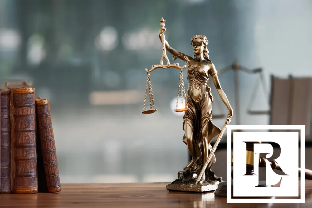 Rhode Island comparative negligence law concept: Lady Justice statue, scales, and legal books